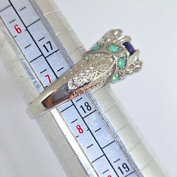 Faux Purple Amethyst Green Opal Filigree Silver Cocktail Ring Marked 925 SZ 7.25 - Picture 13 of 13
